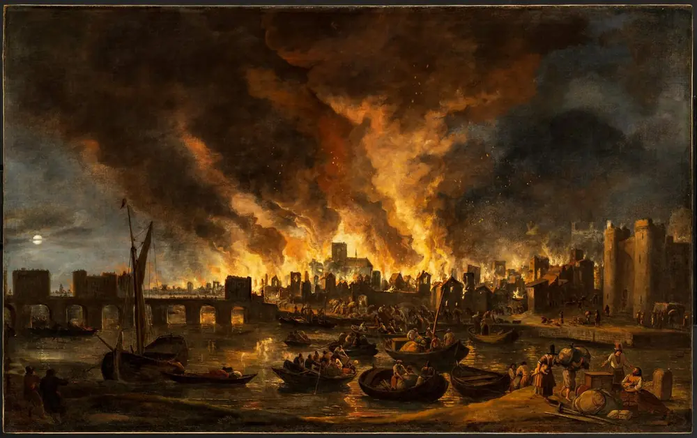 Большой лондонский пожар 1666 года: пламя над городом, на Темзе лодки с теми, кто бежит с вещами, слева Лондонский мост. Картина Ливе Версхюра. Источник: Музей изобразительных искусств, Будапешт