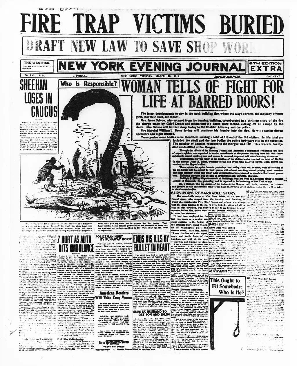 Первая полоса New York Evening Journal от 28 марта 1911 года: «Жертв огненной ловушки хоронят», «Готовят новый закон, чтобы спасти рабочих», «Женщина рассказывает о борьбе за жизнь у запертых дверей». Источник: Kheel Center, Cornell University, CC BY 2.0