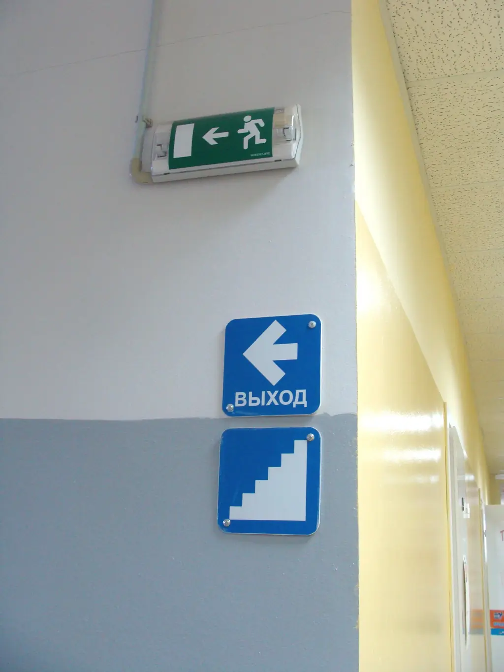 Вверху световой знак «Направление к эвакуационному выходу налево»: дверной проём, стрелка и бегущий человек на зелёном поле. Ниже синие таблички со стрелкой и словом «Выход» и с лестницей. Фото: Georg Pik, CC0
